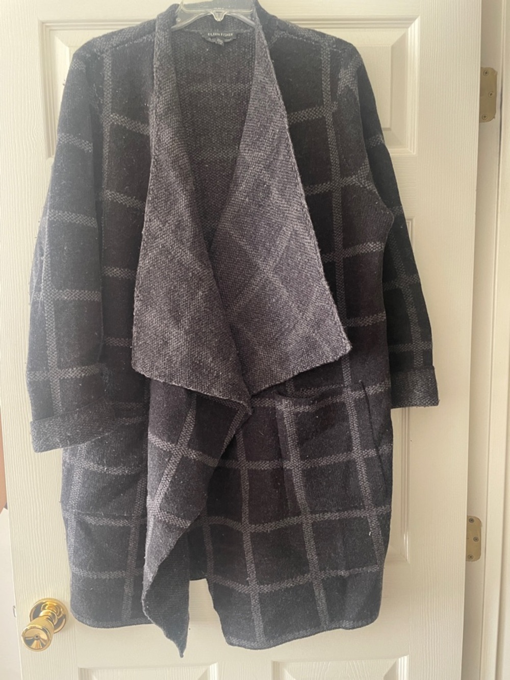 Eileen Fisher Black and Gray Windowpane Open-Front Cape Coat